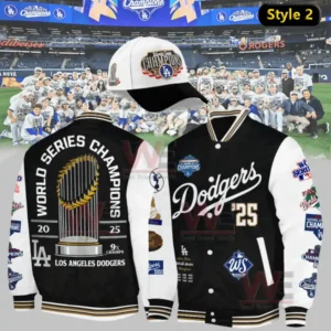 LA Dodgers World Series Champions x9 Bomber Jacket and Cap 13 Dodgers style 2 jacket combining black body with white sleeves highlighting 2025 World Series Champions graphics!