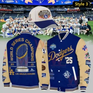 LA Dodgers World Series Champions x9 Bomber Jacket and Cap 14 Dodgers style 3 jacket designed in navy blue and beige tones showing World Series trophy and nine time champions text!