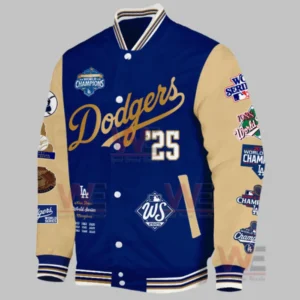 LA Dodgers World Series Champions x9 Bomber Jacket and Cap 15 Dodgers 2025 World Series Champions jacket back displaying LA logo trophy image and gold text highlighting the victory!