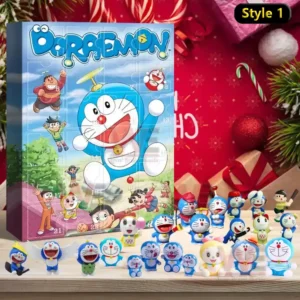 Doraemon advent calendar style one with many small Doraemon character figures and a festive Christmas background!