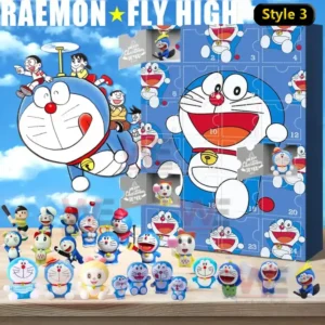 Doraemon advent calendar style three with blue background and many Doraemon mini figures on display!
