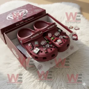 Dr Pepper Crocs inside matching maroon box with soda themed charms and packaging!