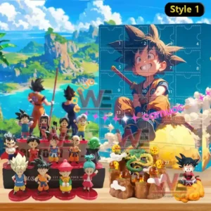 Dragon Ball Style 1 advent calendar with young Goku design and miniature figures displayed in front.