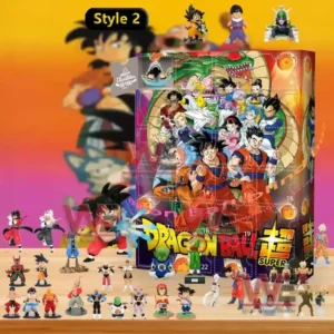 Dragon Ball 2025 Advent Calendar 7 Dragon Ball Super Style 2 advent calendar with multiple character mini figures displayed on a wooden surface.