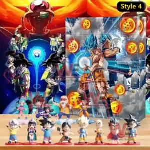 Dragon Ball 2025 Advent Calendar 9 Dragon Ball Style 4 advent calendar with Goku and Vegeta artwork and small Dragon Ball character figures displayed below.