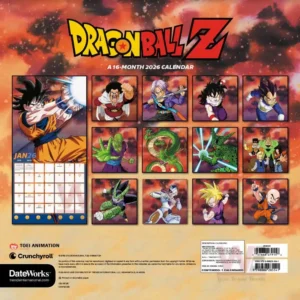 Dragon Ball Z 2026 Wall Calendar 8 A collection of animated character scenes arranged in a grid next to a January calendar page!