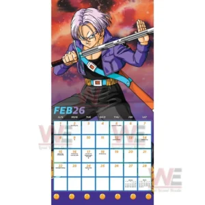 Dragon Ball Z 2026 Wall Calendar 10 Animated character with a sword above a February calendar grid!