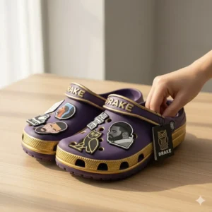 Hand picking up purple gold Drake Crocs with owl and portrait charms on wooden table!