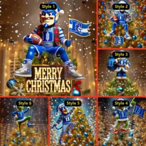 A collage of six Duke Blue Devils themed Christmas tree toppers including mascot, Santa, and Grinch figures in blue outfits on decorated Christmas trees.