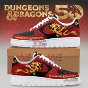 A pair of red and black shoes with gold dragon designs is placed on a box against a themed backdrop!