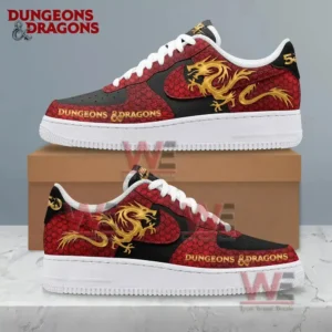 Dungeons and Dragons 50th Anniversary Air Force 1 Shoes 5 A pair of red and black shoes with gold dragon motifs is shown resting on a box against a plain backdrop!