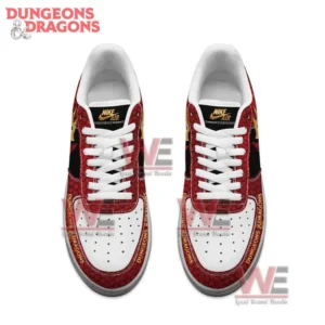 Dungeons and Dragons 50th Anniversary Air Force 1 Shoes 6 A top down view shows two shoes with white fronts red scaled sides and gold decorative elements!