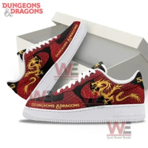 Dungeons and Dragons 50th Anniversary Air Force 1 Shoes 7 A pair of red and black shoes with gold dragon artwork is positioned near a white shoe box!