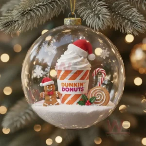 A glass ornament displaying a festive cup and holiday sweets arranged on a layer of snow with soft lights in the background!