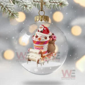A glass ornament holding a miniature holiday cup and a Santa figure on a sleigh surrounded by festive decorations!