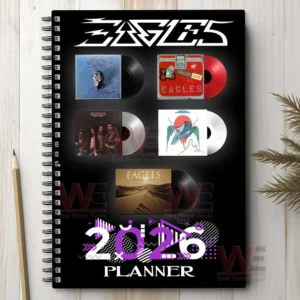 Planner cover with album artwork grid bold band name and large year label on a dark background!