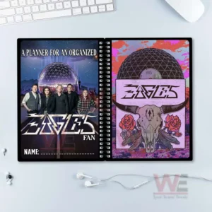 Open planner showing a band photo on one page and a colorful illustrated design on the other!