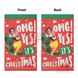 Alt text: Front and back views of *Elf* movie garden flag with Buddy the Elf and Christmas text.