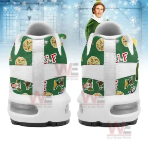A back view of sneakers with Buddy the Elf and Christmas-themed designs.