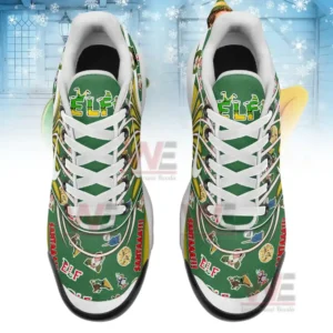 A top-down view of Elf-themed sneakers with Buddy the Elf and holiday designs.