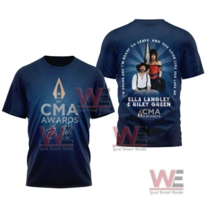 Navy t-shirt with Ella Langley and Riley Green, featuring song lyrics and CMA logo.