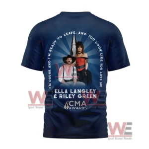 Close-up of the back of the navy t-shirt with Ella Langley, Riley Green, and CMA logo.