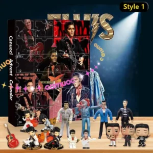 Elvis Presley advent calendar style one with collectible mini figures and golden Elvis sign under stage lights!