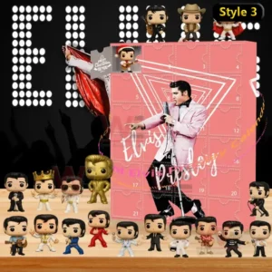 Elvis Presley advent calendar style three with pink box design and mini collectible figures on a stage background!
