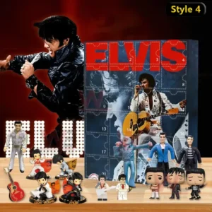 Elvis Presley advent calendar style four with red background and collectible mini figures of his performance looks!```