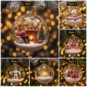 Elvis Presley themed Christmas ornaments in various styles featuring detailed miniature decorations inside transparent baubles with warm bokeh background!