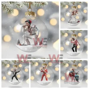 Multiple glass Christmas ornaments with performers in festive costumes displayed against a snowy blurred background!