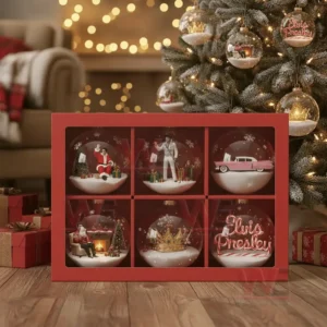 Elvis Presley themed Christmas ornament collection of six detailed baubles in a red box placed by a decorated Christmas tree!