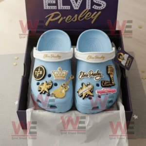 Elvis Presley Crocs Clogs with Charms 7 Elvis Presley light blue Crocs with gold charms in purple box with golden logo!