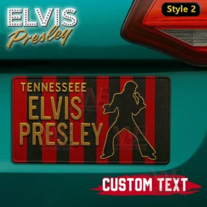 A red and black striped Elvis Presley themed license plate with a silhouette figure on a teal car.
