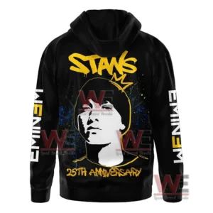 Eminem Slim Shady Stans 25th Anniversary Hoodie 4 A black hoodie is shown from the back displaying a large portrait and bright painted text with anniversary wording!