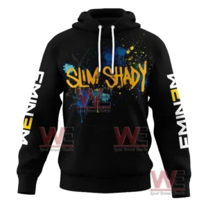 Eminem Slim Shady Stans 25th Anniversary Hoodie 5 A black hoodie is shown from the front with bright paint splashes and large stylized text across the chest and sleeves!