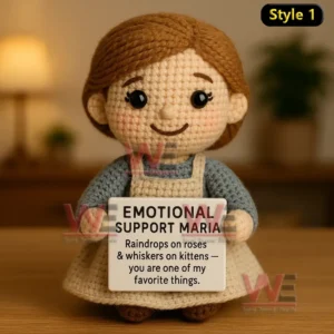 Crochet doll with brown hair in blue outfit and apron holding Emotional Support Maria sign on wooden table.