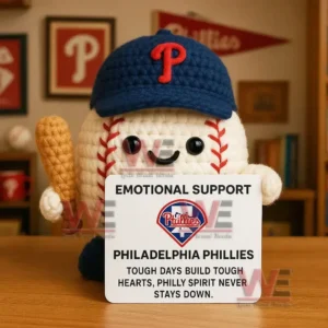 Crochet baseball doll wearing Cardinals cap holding bat and Emotional Support St Louis Cardinals sign with baseball themed background.
