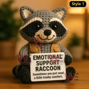 Crochet raccoon doll wearing brown vest holding Emotional Support Raccoon sign on wooden table.