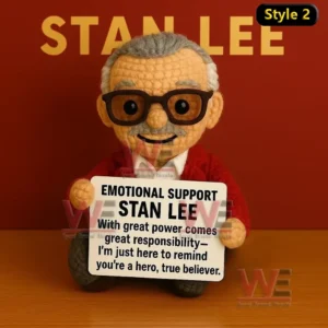 Crochet doll with red sweater and glasses holding Emotional Support Stan Lee sign against red background.