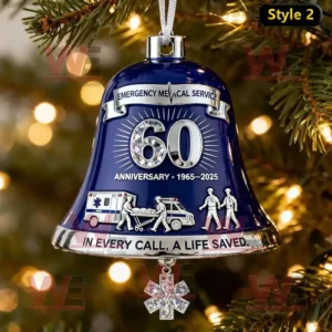 EMS 60th Anniversary Commemorative Bell Ornament 3 A navy blue bell shaped ornament featuring EMS anniversary design and medical rescue imagery hanging on a decorated Christmas tree.
