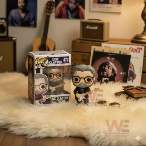A detailed collectible figure of Eric Clapton performing with an electric guitar placed on a fluffy rug amid music themed decor and record covers.