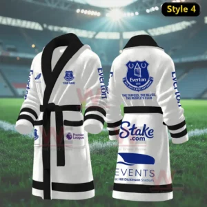 White Everton themed bathrobe with dark trim in a stadium!