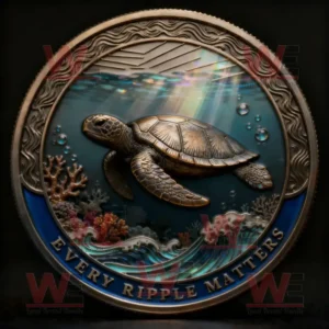 Every Ripple Matters sea turtle coin with underwater coral scene sunlight rays bronze and blue color finish and wave border.