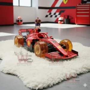 A Ferrari inspired decanter positioned on a white rug with racing themed elements in the background!