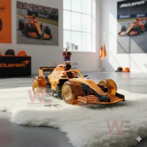 F1 Racing Limited Edition Whiskey Decanter Bottle 8 An orange car shaped decanter placed on a soft rug with motorsport themed decor in the background!