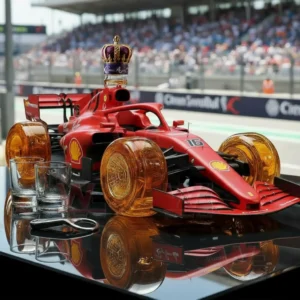 F1 Racing Limited Edition Whiskey Decanter Bottle 9 A racing themed decanter shaped like a Ferrari car set on a reflective table with trackside scenery in the background!
