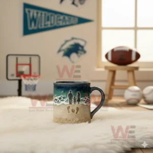 Beach themed family mug on a white rug in a room decorated with sports items and banners!