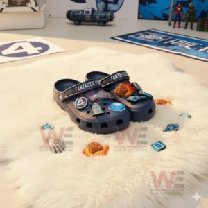 Fantastic Four blue Crocs with superhero themed decorations placed on a fluffy rug among matching props and toys in a display room!