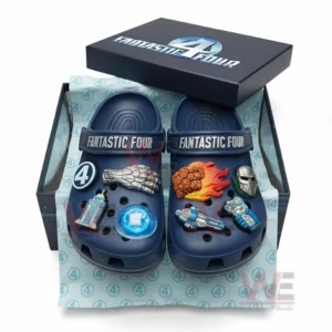 Blue Fantastic Four Crocs with character charms like fire and metal fist showcased inside their official box with matching logo and packaging!